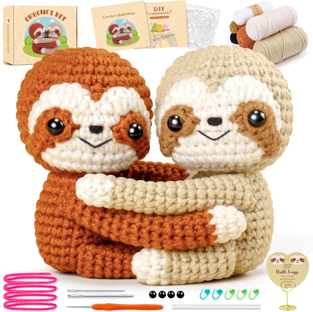 Hug Sloths Crochet Kit for Beginners – DIY Animal Amigurumi Craft Set with Yarn, Hook & Step-by-Step Video & Manual | Emotional Support Handmade Gift for Adults, Birthday, Valentine’s Day, Christmas